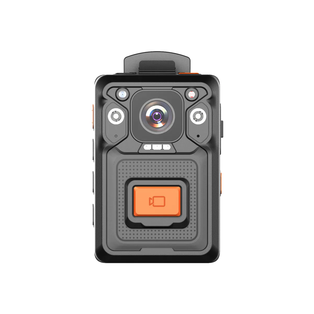 IK-100 body worn camera, front view with lens, IR illuminators and large record button