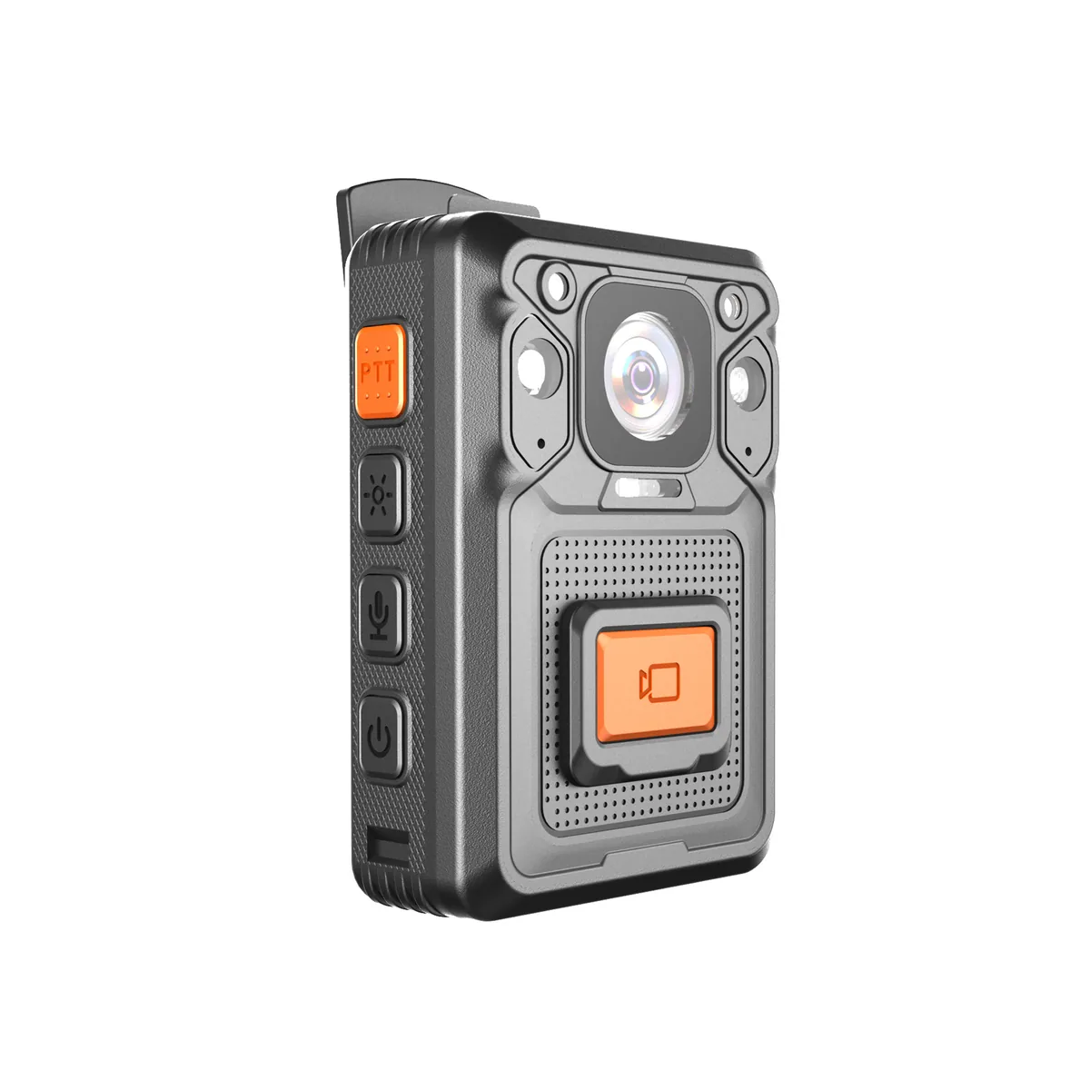 IK-100 body worn camera, side view with PTT button and controls