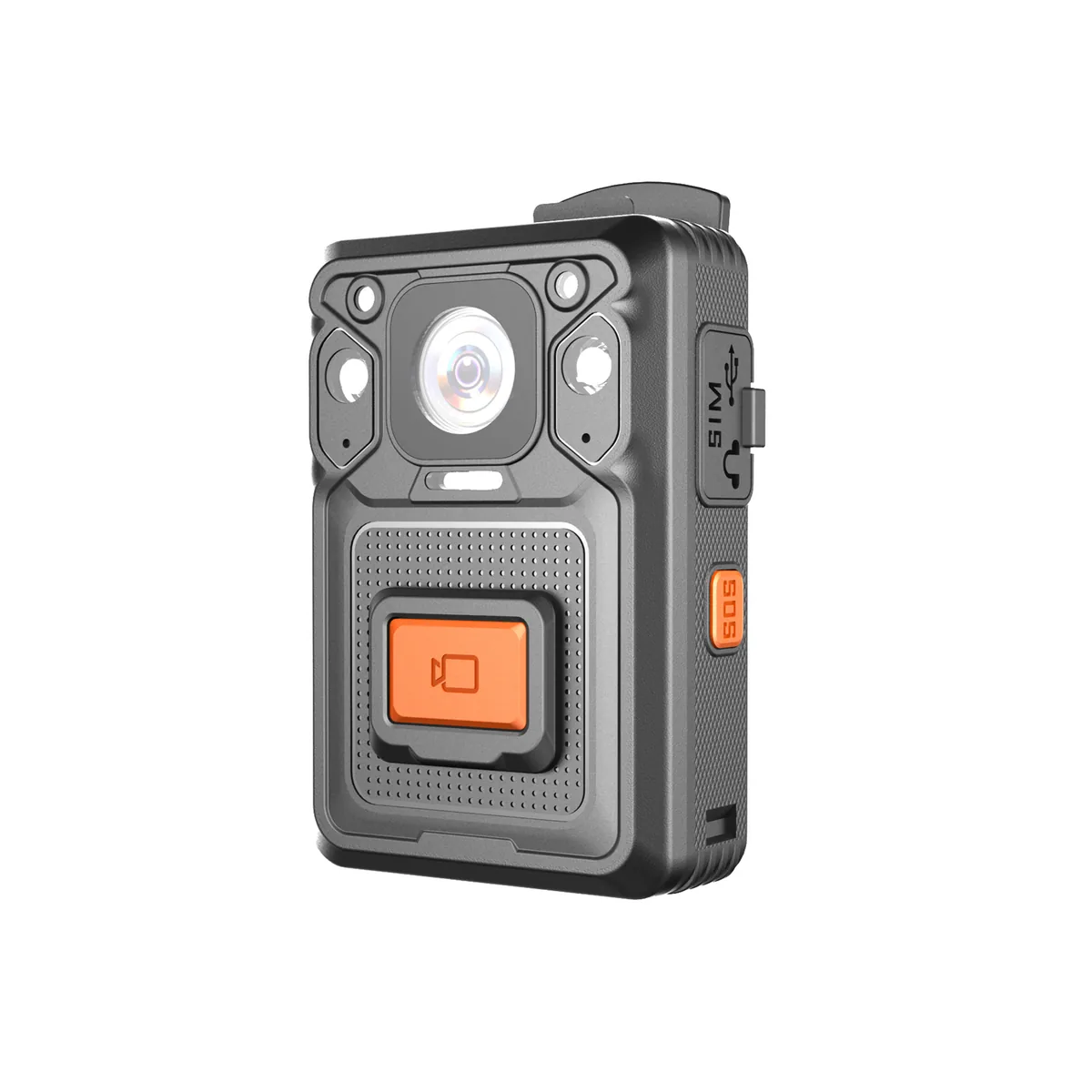 IK-100 body worn camera, side view with SOS button and USB port